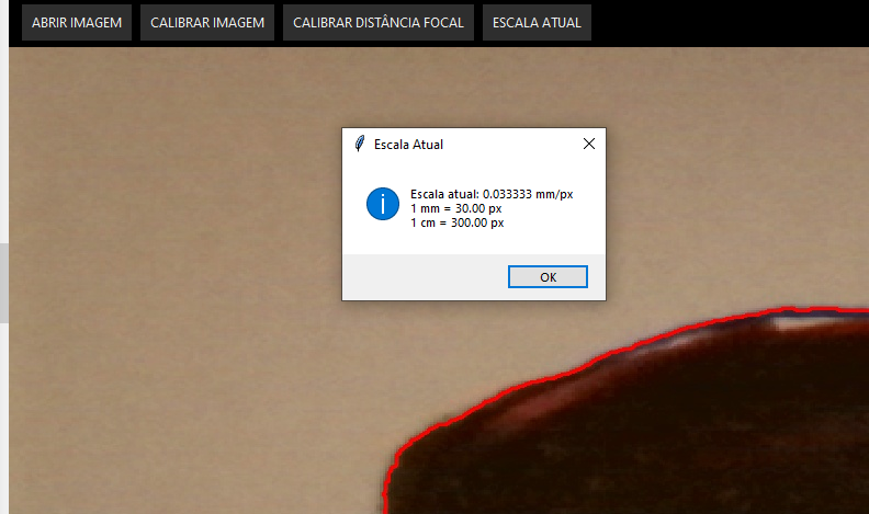 Tela de calibração espacial — medição de escala mm/px