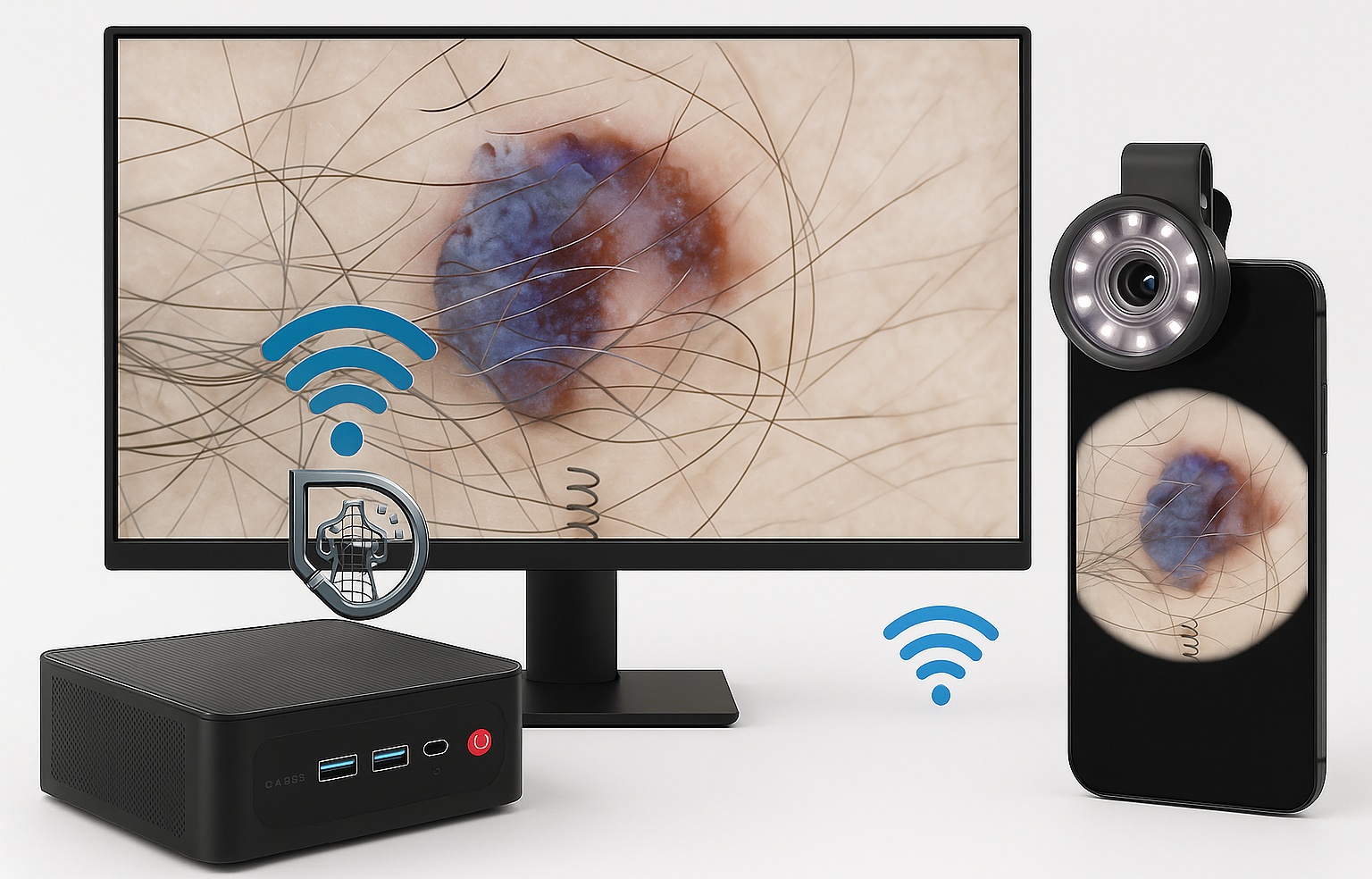 Sistema completo: celular, dermatoscópio e monitor conectados via Wi-Fi.